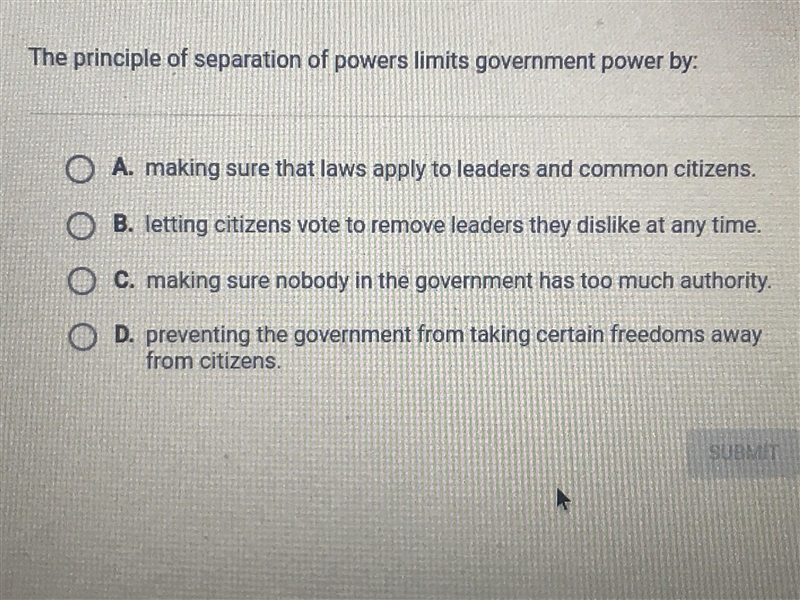 The principle if separation of powers limits government power by:-example-1