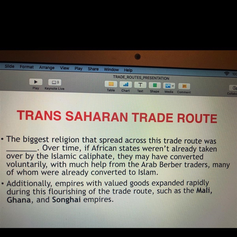 Please answer both TRANS SAHARAN TRADE ROUTE • The biggest religion that spread across-example-1