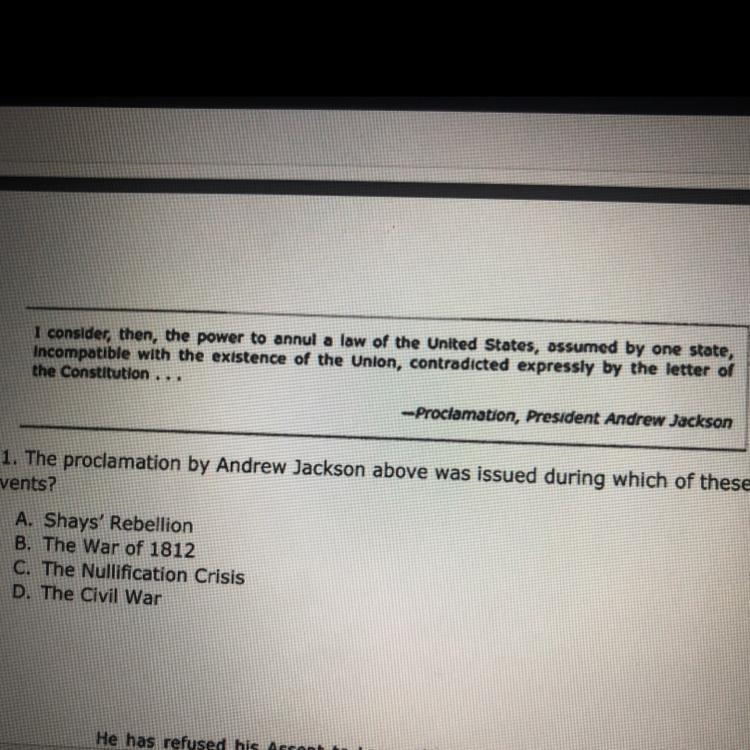 31. The proclamation by Andrew Jackson above was issued during which of these events-example-1