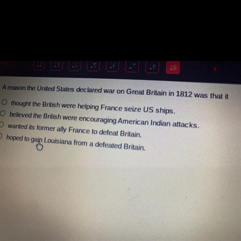 PLEASE HELP ME!!! I ONLY HAVE A FEW MINUTES LEFT!!!! A reason the United States declared-example-1