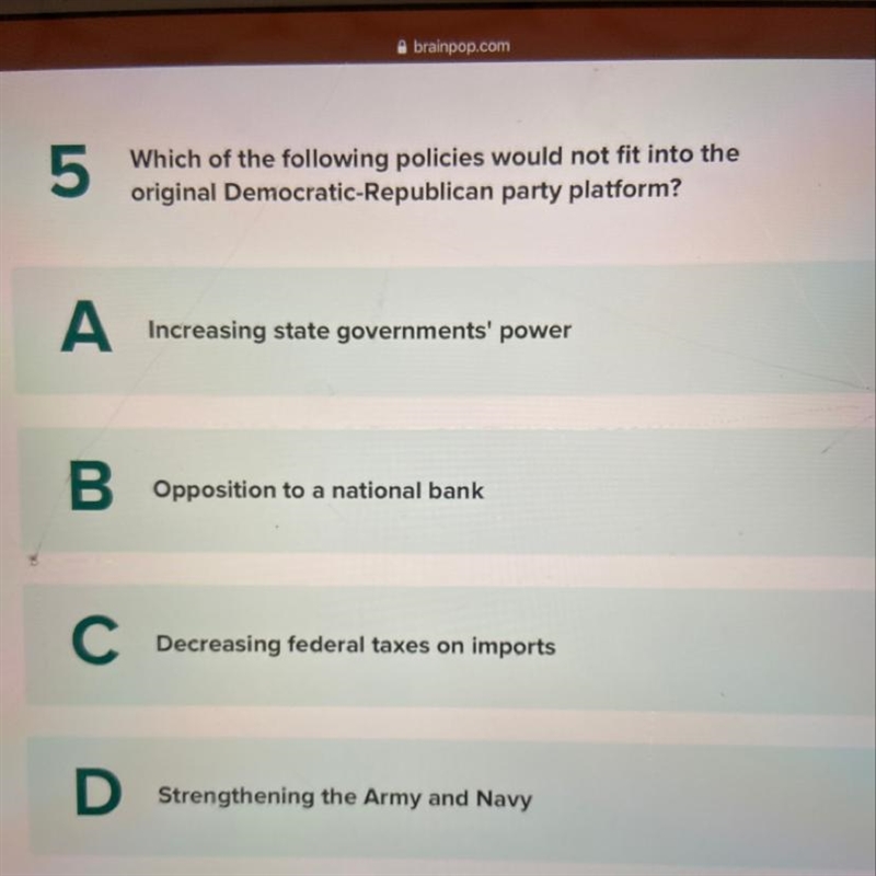 Which of the following policies would not fit into the original democratic Republican-example-1