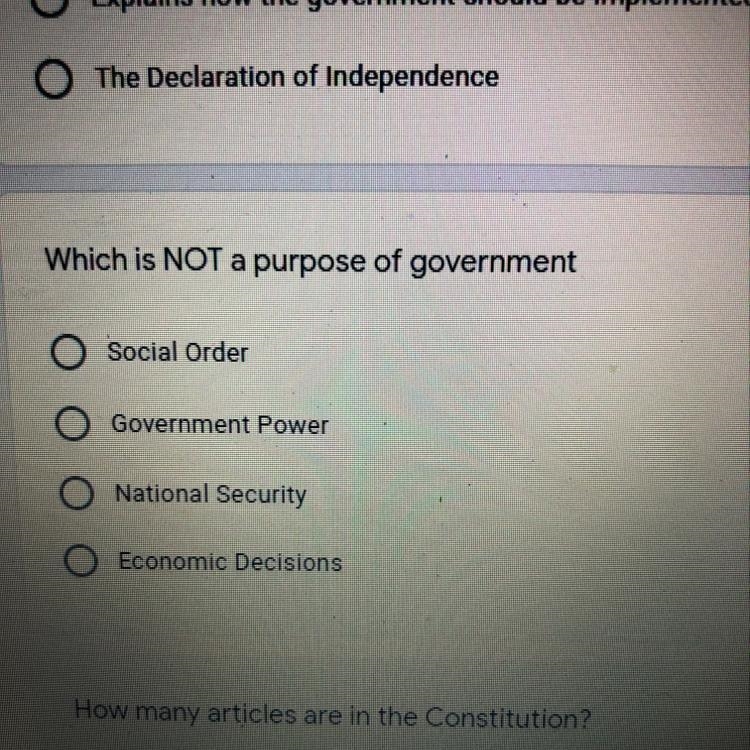 Which is NOT a purpose of government A) Social Order B) Government Power C) National-example-1