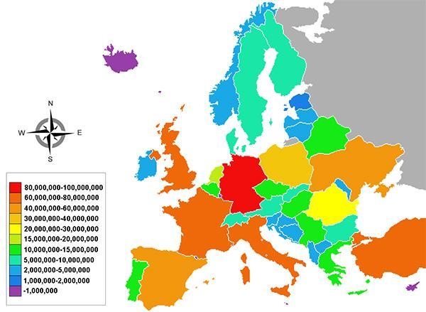 Use the population map of Europe below to answer the following question: Which of-example-1