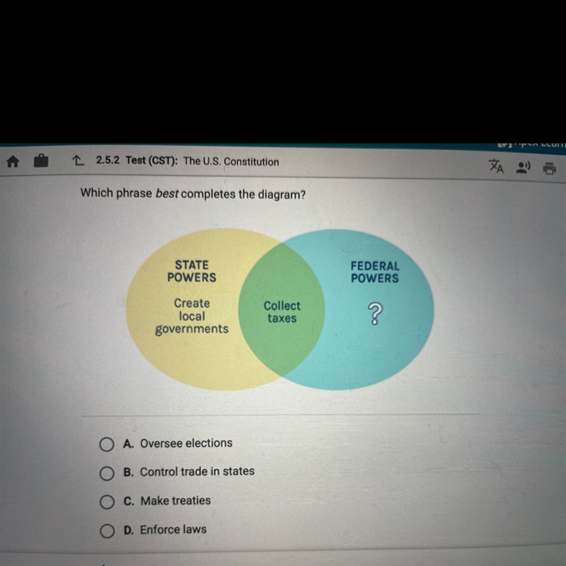 Which phrase best completes the diagram? STATE POWERS FEDERAL POWERS Create local-example-1