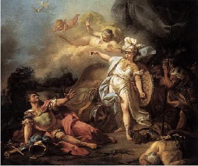 The image shows a god and a goddess at war. A man is on the ground looking up at a-example-1