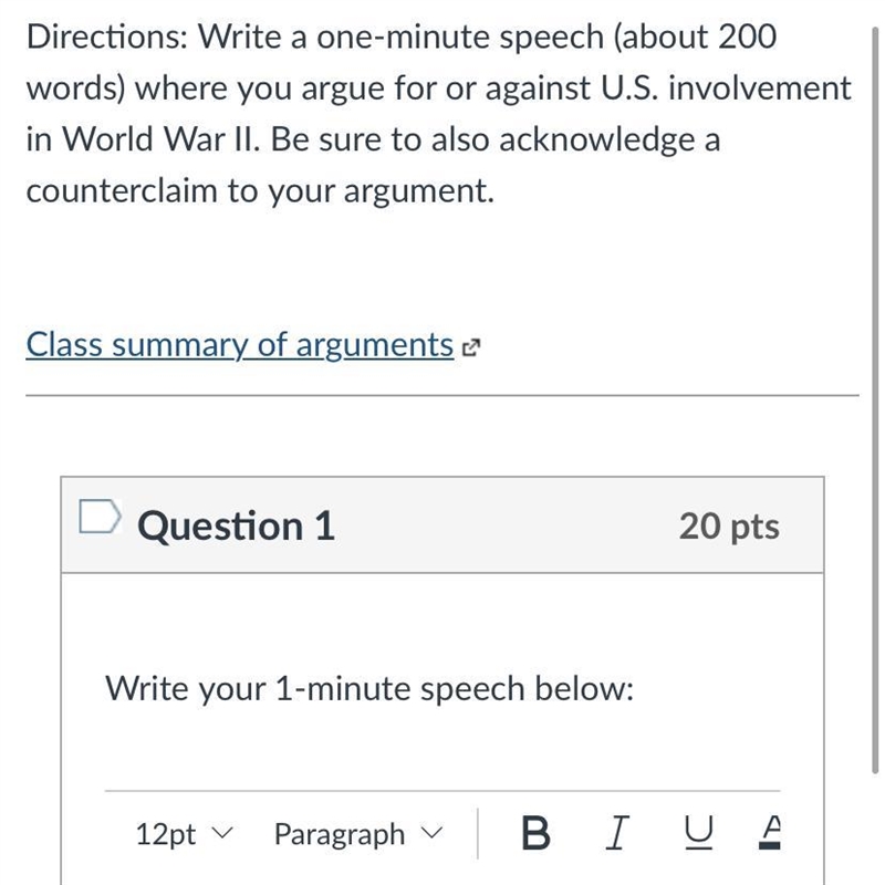 Write a one-minute speech (about 200 words) where you argue for or against U.S. involvement-example-1