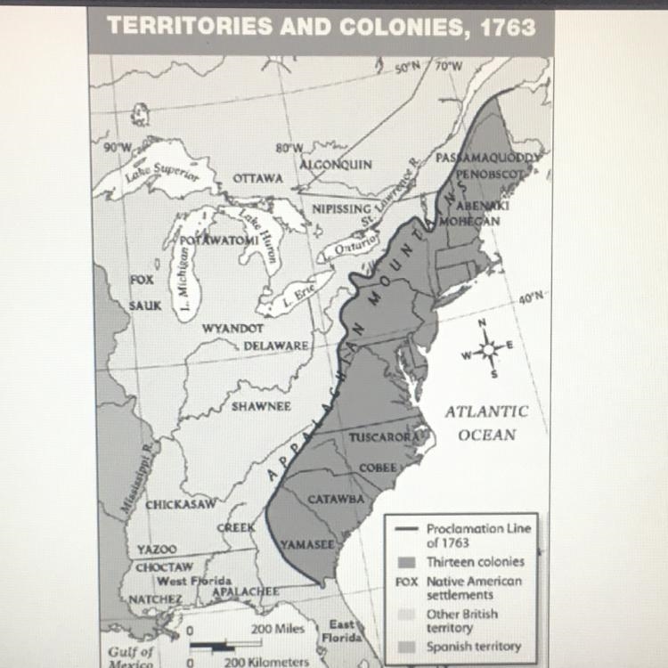 According to the map, which geographic feature did the Proclamation Line of 1763 run-example-1