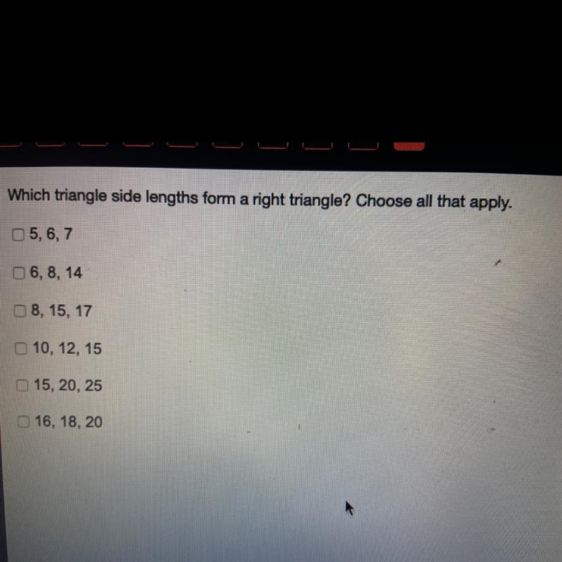 Which triangle side lengths form a right triangle ? choose all that apply .-example-1