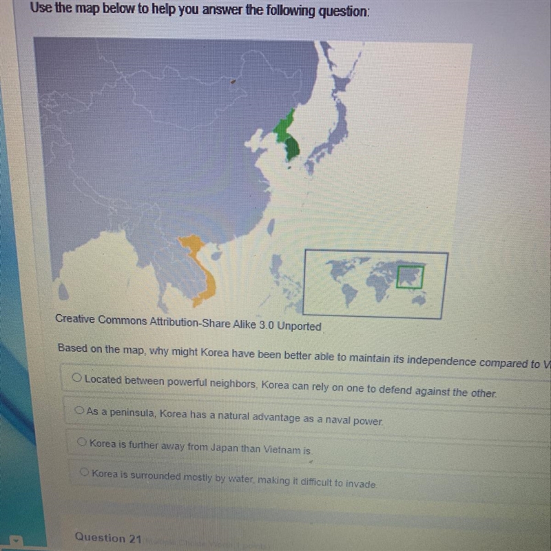 Based on the map,why might Korea have been better able to maintain its independence-example-1