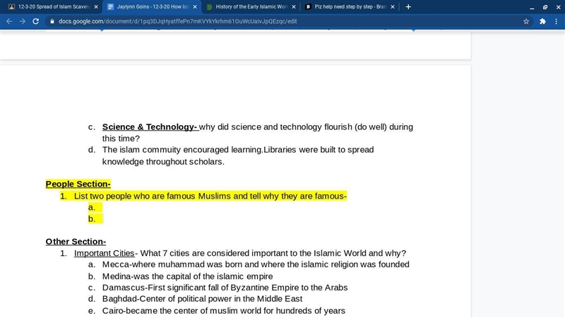 I only need help with the highlighted ones the answers are on ducksters under islamic-example-1