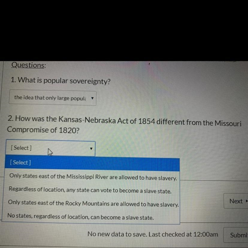 How was the Kansas-Nebraska Act of 1854 different from the Missouri Compromise of-example-1