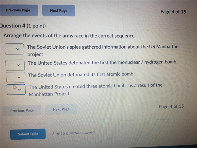 Arrange the events of the arms race in the correct sequence.-example-1