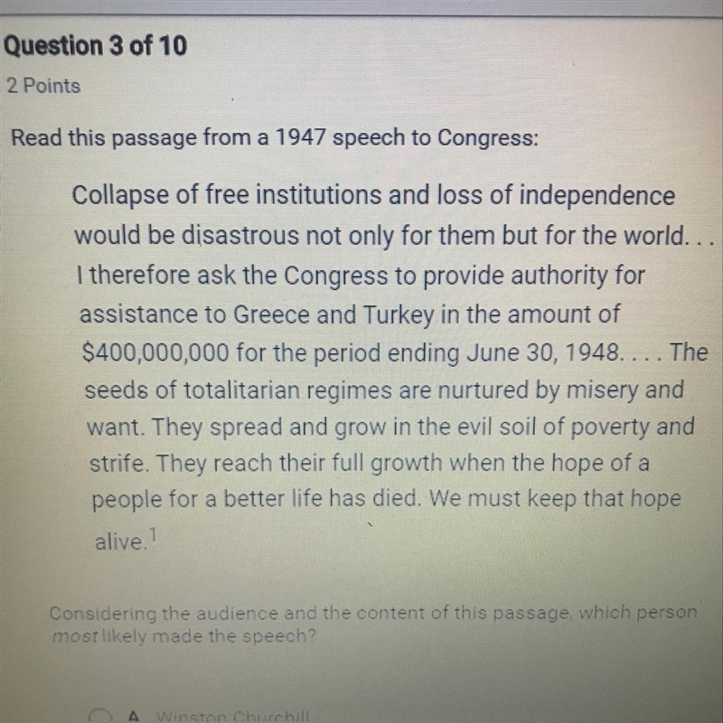 A. Winston Churchill B. Josef Stalin C. George Marshall D. Harry S. Truman-example-1