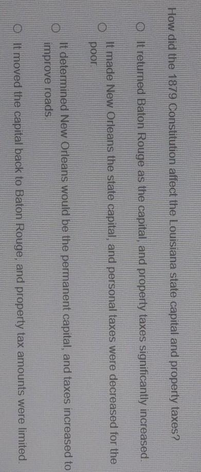 How did the 1879 Constitution affect the Louisiana state capital and property taxes-example-1