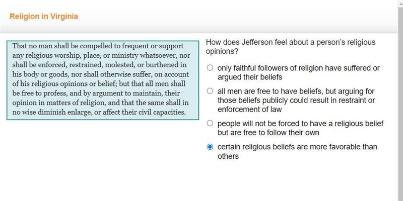 How does Jefferson feel about a person’s religious opinions?-example-1