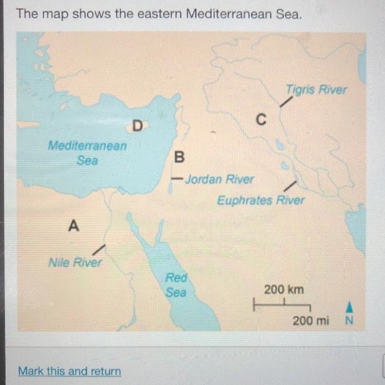 The map shows the eastern Mediterranean Sea. Judaism was founded in a region called-example-1