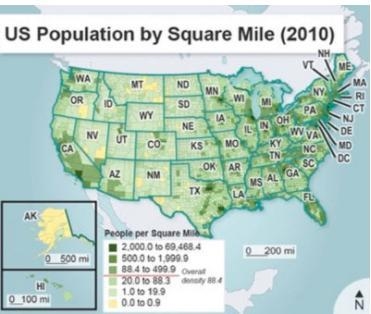 Examine the map showing US population distribution. A map titled U S Population by-example-1