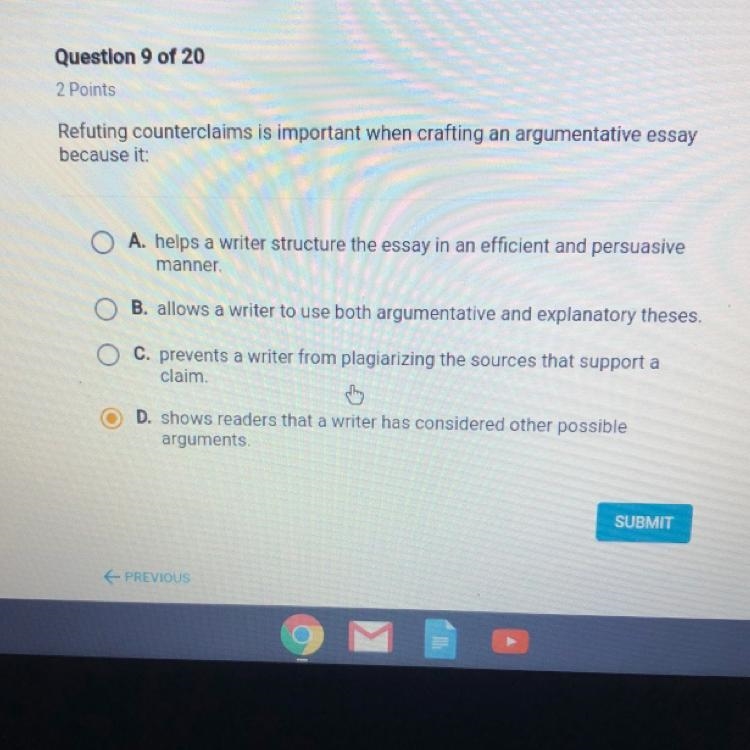 Refuting counterclaims is important when crafting an argumentative essay because it-example-1