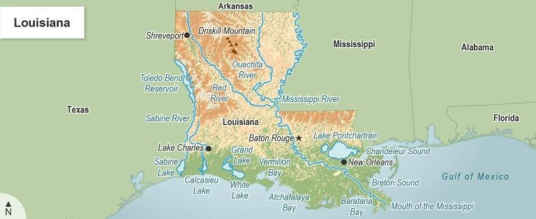 Based on the map, which statement accurately describes the geography of Louisiana-example-1