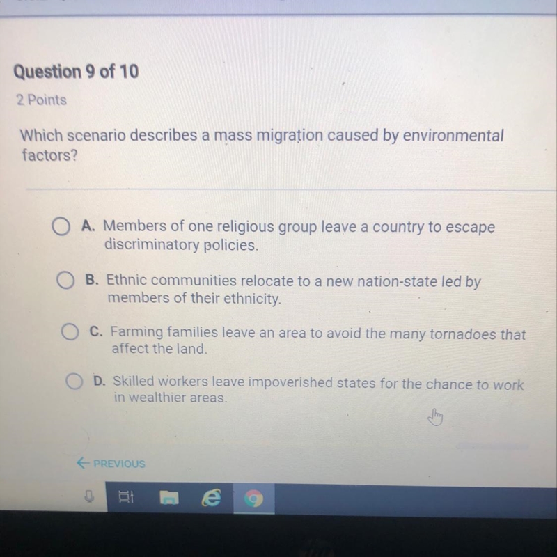 Which scenario describes a mass migration caused by environmental factors?-example-1