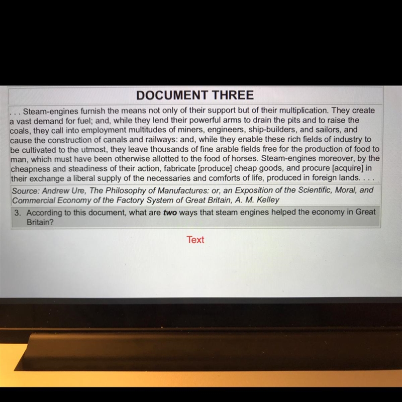 Question three According to this document, what are two ways that steam engines help-example-1