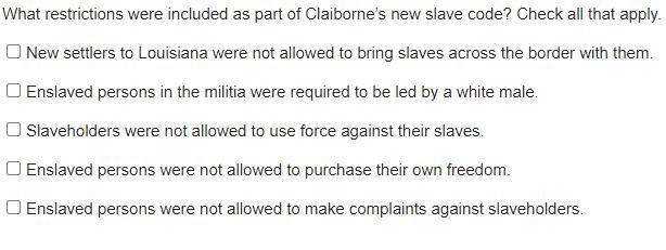 What restrictions were included as part of Claiborne’s new slave code? Check all that-example-1