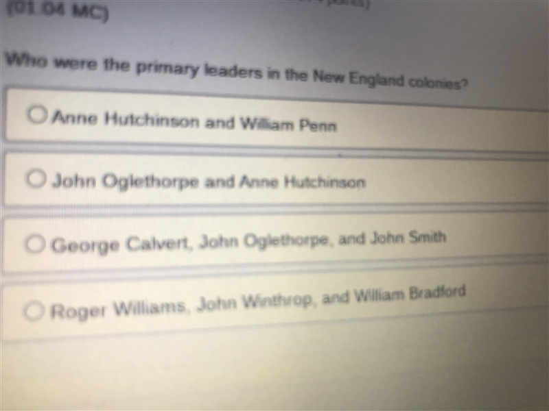 Who where the primary leaders in New England colonies-example-1