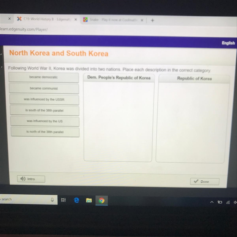 Following World War II, Korea was divided into two nations. Place each description-example-1