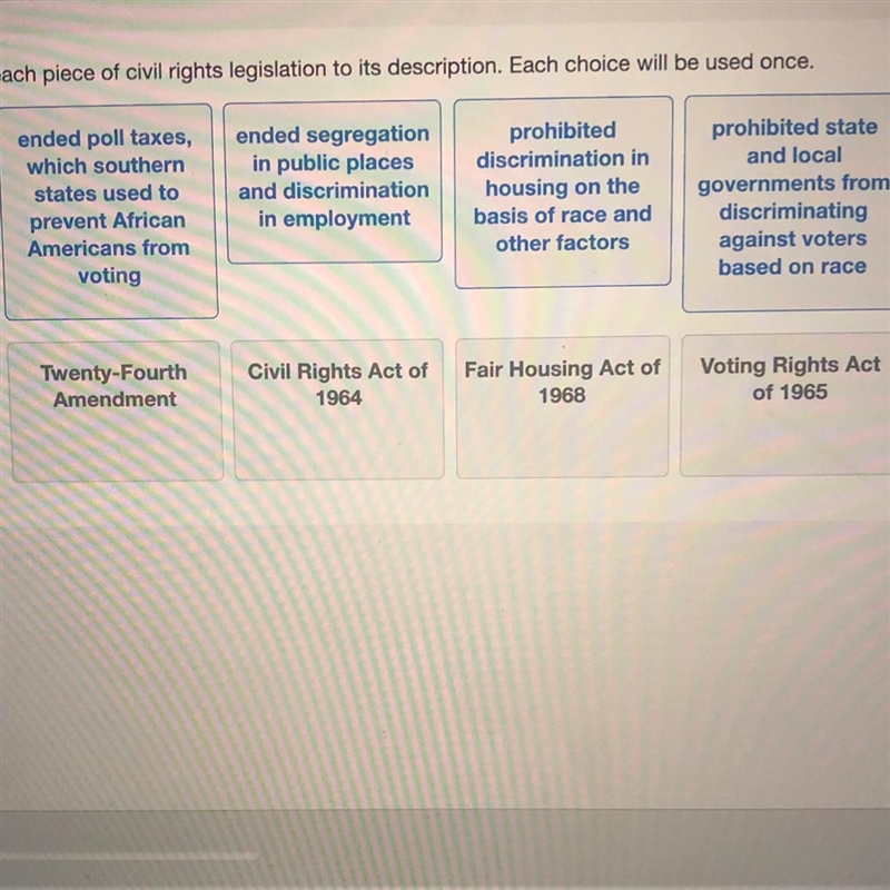 Drag each piece of civil rights legislation to its description. Each choice will be-example-1