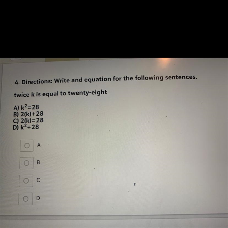 Twice k is equal to twenty-eight-example-1