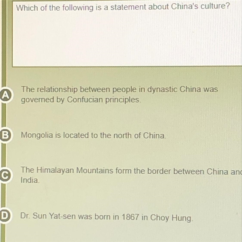 Which of the following is a statement about China's culture?-example-1