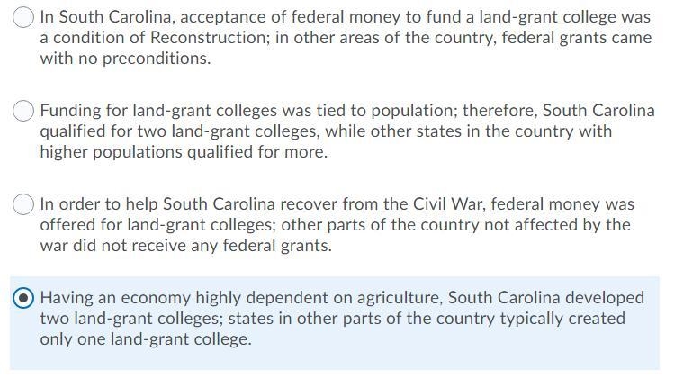 How was the role of land grant colleges different in South Carolina than in other-example-1