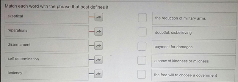 Match each word with the phrase that best defines it. skeptical the reduction of military-example-1