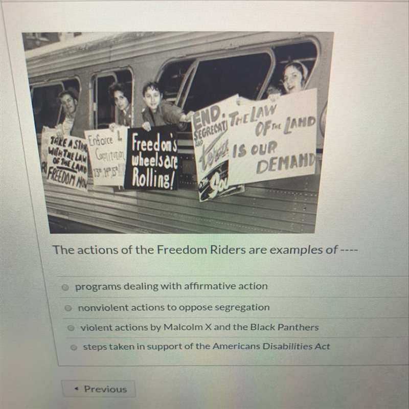 The actions of the Freedom Riders are examples of ---- A.)programs dealing with affirmative-example-1