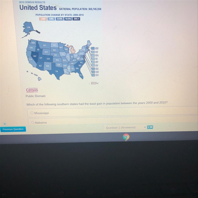 Which of the following southern states had the least gain in population between the-example-1