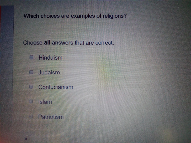 Which choices are examples of religions?-example-1