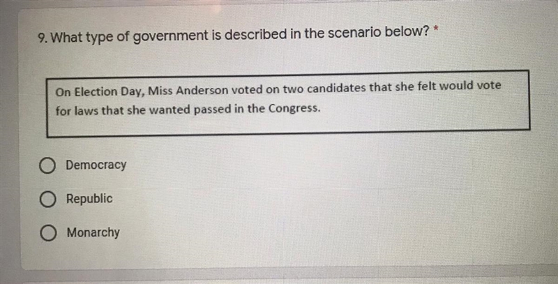 What type of government is described in the scenario below? “On Election Day, miss-example-1