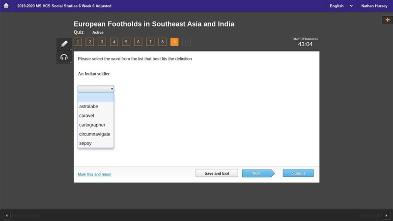 Please select the word from the list that best fits the definition An Indian soldier-example-1