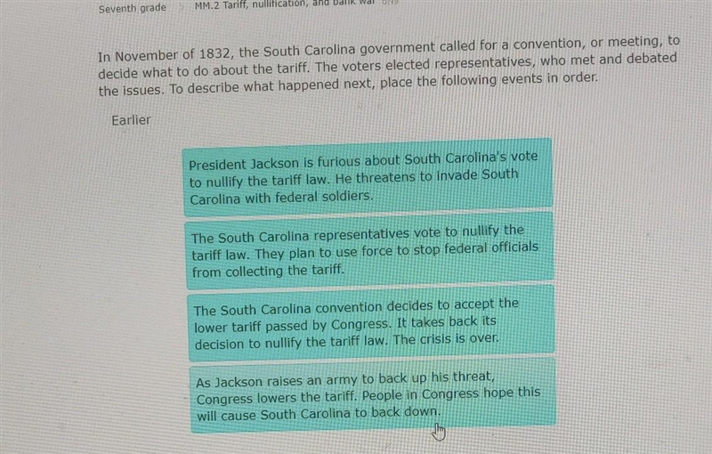 In November of 1832, the South Carolina government called for a convention, or meeting-example-1