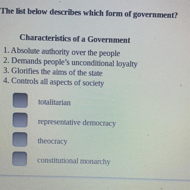 A. totalitarian B. representative democracy C. theocracy D. constitutional monarchy-example-1