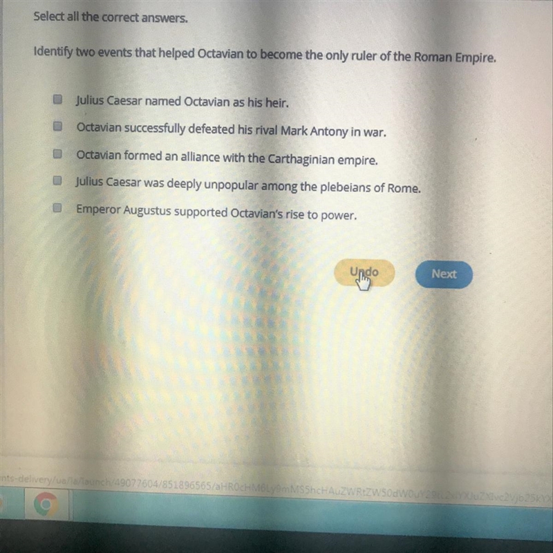 Select all the correct answers. Identify two events that helped Octavian to become-example-1