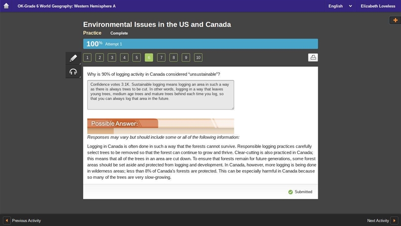 What percentage of Canada’s logging activities are not sustainable? A. 8% B. 20% C-example-1