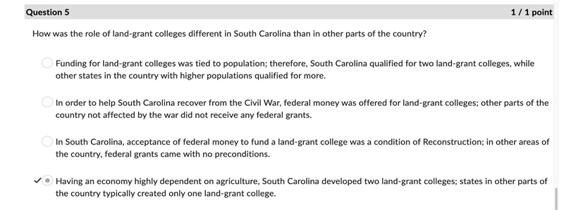 How was the role of land grant colleges different in South Carolina than in other-example-1