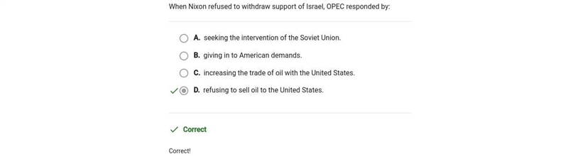 When Nixon refused to withdraw support of Israel, OPEC responded by: O A. refusing-example-1