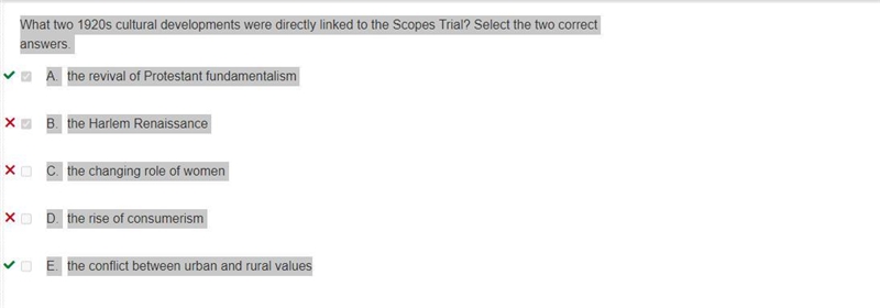 What two 1920s culture developments were directly linked to the Scopes Trial? Select-example-1