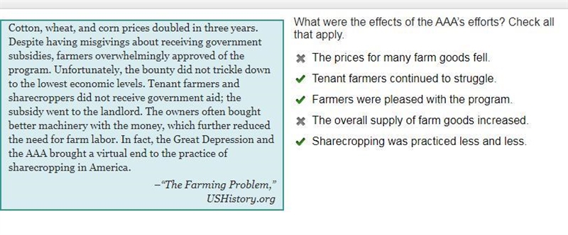 What were the effects of the AAA’s efforts? Check all that apply. The prices for many-example-1