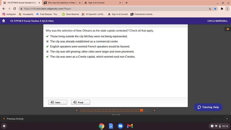 Why was the selection of New Orleans as the state capital contested? Check all that-example-1