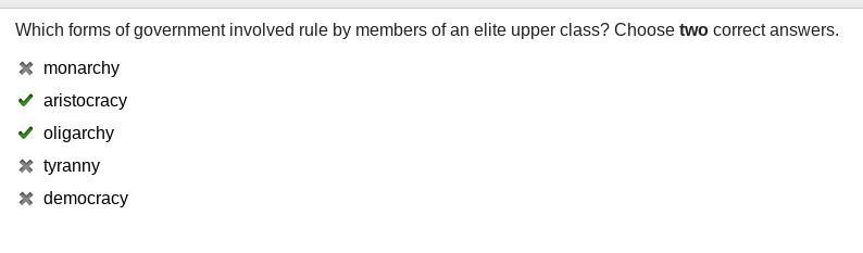 Which forms of government involved rule by members of an elite upper class? Choose-example-1