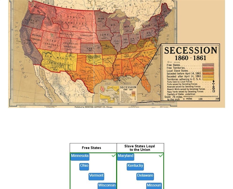 Identify which states were free states and which states practiced slavery but remained-example-1