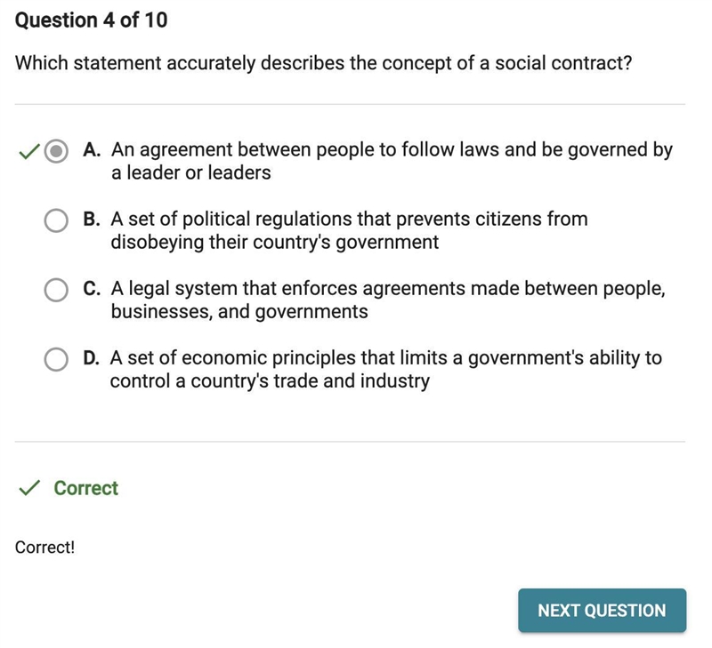 Which statement accurately describes the concept of a social contract? O A. An agreement-example-1